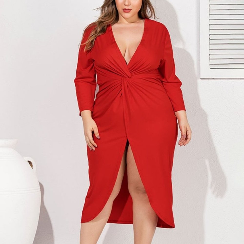 Plus Size Red Wrap Twist Dress (2X/3X)